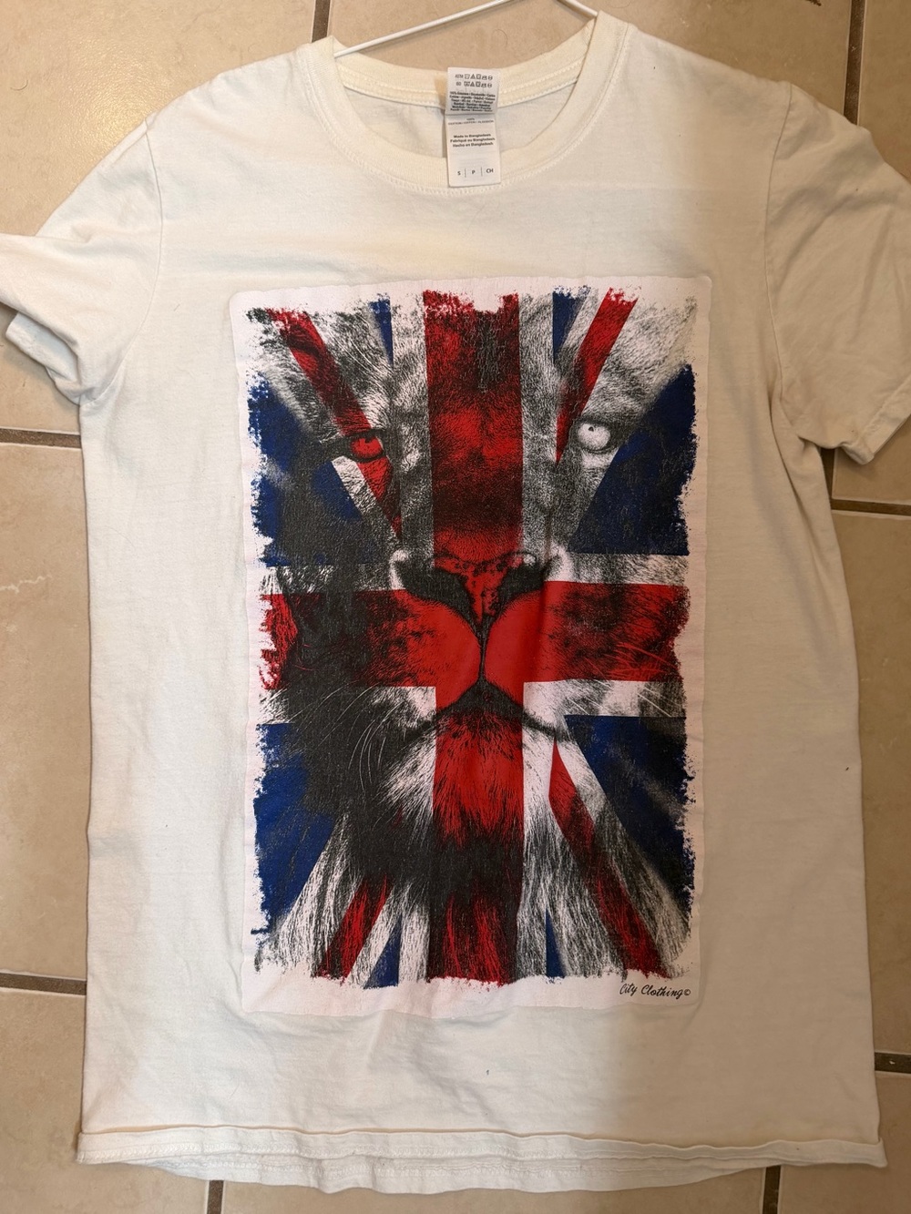 White Graphic Tee with Union Jack Lion Print
